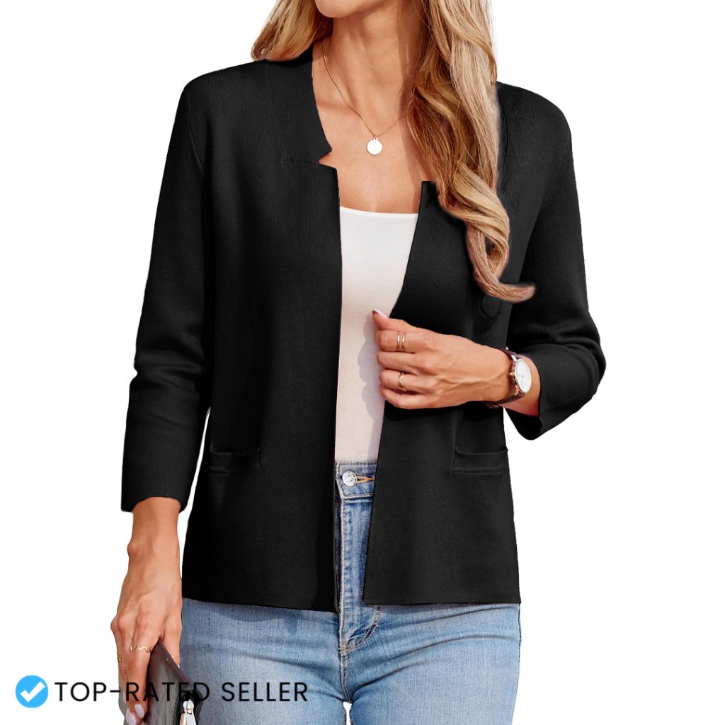 Lightweight Knit Blazer Cropped 3/4 Sleeve Notch Collar Business Casual Cardigan